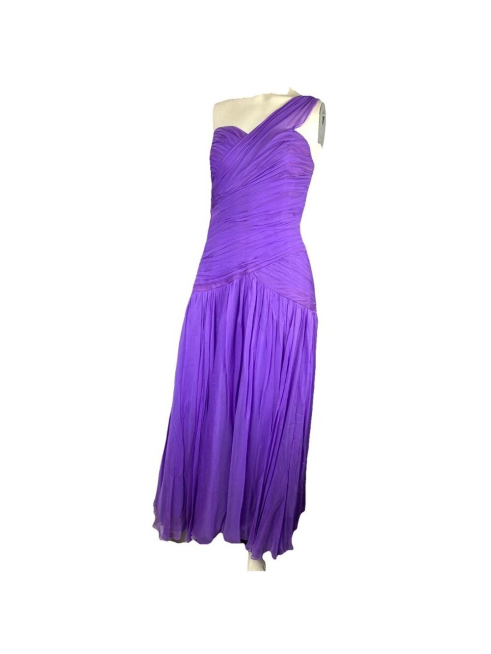 Vintage 80s Adele Simpson Purple Draped Silk One Shoulder Dress Pleat